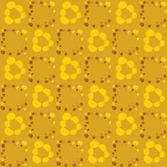 Fortuna gold geometric pattern of small and large circles and bubbles. Fortuna gold background with yellow, brown chain