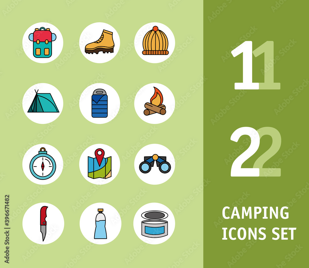 Canvas Prints bundle of twelve camping set line and fill icons and lettering vector illustration design