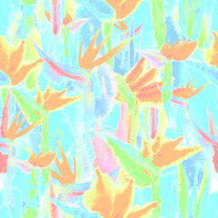 Fototapeta na wymiar tropical jungle seamless pattern print watercolor tie dye endless repeat flower pastel delicate