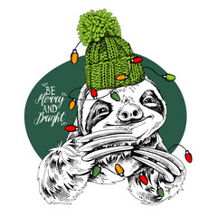 Adorable smiling sloth in a green knitted hat and with a light. Be merry and bright - lettering quote. Christmas and New year card, Humor composition, hand drawn style print. Vector illustration. © Afishka