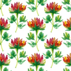 Fotobehang Seamless pattern watercolor red and yellow abstract flower with green leaves on white. Art creative hand-drawn background for wedding, wallpaper, textile, wrapping © NatashaKun