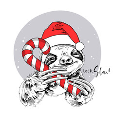 Adorable smiling sloth in a red Santa's hat with a big lollipop. Let it Slow - lettering quote. Christmas and New year card, Humor composition, hand drawn style print. Vector illustration. © Afishka