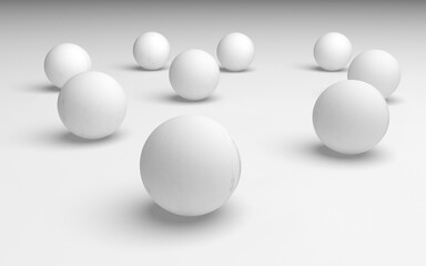 White abstract background. Set of white balls isolated on white backdrop. 3D illustration