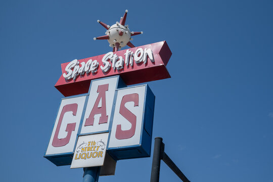 Steamboat Springs, Colorado - September 20, 2020: Vintage, retro neon sign for the Space Station Gas Station and store