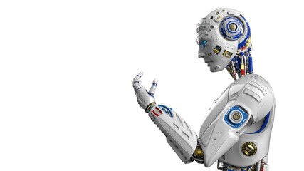 Detailed appearance of the AI robot staring at its own hand　under white background. 3D illustration. 3D high quality rendering. 3D CG.
