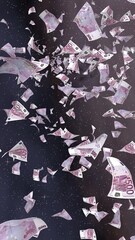 Flying euro banknotes on a outer space starry background. Money flying in the outer space. 500 EURO in color. Vertical orientation. 3D illustration