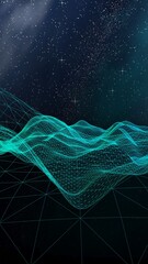 Abstract landscape on a dark background. Cyberspace grid. hi tech network. Outer space. Vertical orientation. Starry outer space texture. 3D illustration