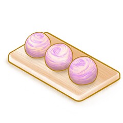 The digital painting of Taiwanese crystal taro cake pastry bakery on wooden board isometric icon raster illustration on white background.