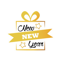happy new year lettering card with golden gift