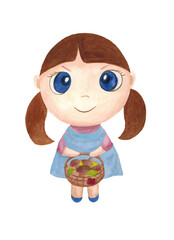 Cute girl with a mushroom basket, the character is hand-drawn in watercolor.