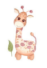 Cute giraffe isolated on white background. The illustration is made by hand in watercolor.