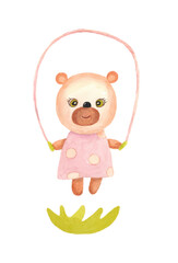Cute bear cub with skipping rope isolated on white background. Illustration made by hand in watercolor.
