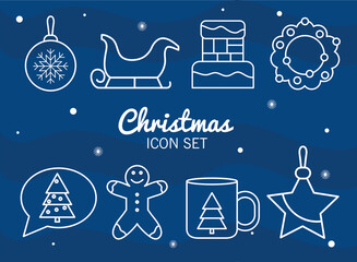 Fototapeta na wymiar bundle of eight christmas set icons with lettering in blue background vector illustration design