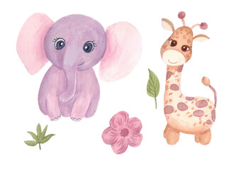 Watercolor set with cute animal characters, giraffe, elephant and plant elements. Can be used for postcards, children's pictures, children's books.
