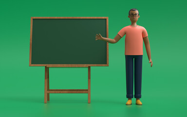 A man standing near blackboard  and pointing something. business concept. 3d rendering,conceptual image.