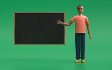 A man standing near blackboard  and pointing something. business concept. 3d rendering,conceptual image.