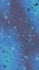 Neural network. Social network. Futuristic blue background. Abstract molecule, cell illustration, mycelium. Hi tech purple background. Vertical orientation. 3D illustration