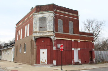 Abandoned brick corner storefront in Chicago's Englewood neighborhood on the South Side