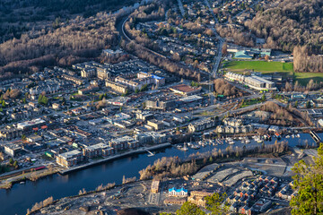 Aerial View of Squamish City during a sunny sunset. Taken from Chief Mountain, near Vancouver, British Columbia, Canada.