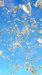 Flying dollars banknotes against the sky background. Money is flying in the air. 100 US banknotes new sample. 3D illustration