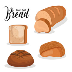 four breads delicious pastry products and lettering vector illustration design