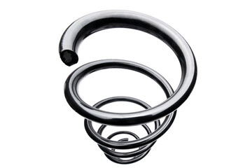 black steel coil spring close-up of a twisted spiral, car suspension system spare part isolated on...