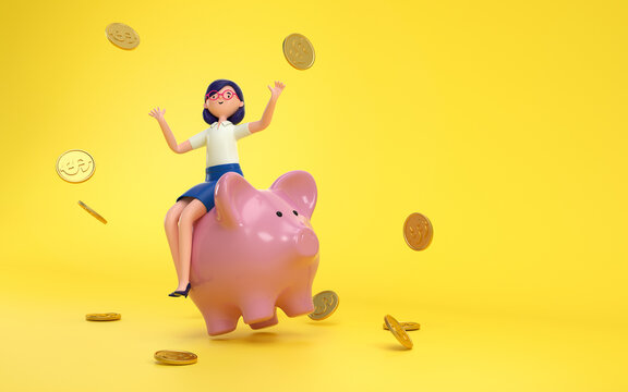 A woman sitting on a piggy bank. Earning, saving and investing money concept.  3d rendering,conceptual image
