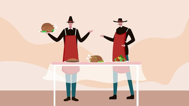 Happy father animation preparing turkey and pie with his son to celebrate thanksgiving day. Shot in 4k resolution