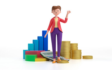 A woman standing with money. Earning, saving and investing money concept.  3d rendering,conceptual image