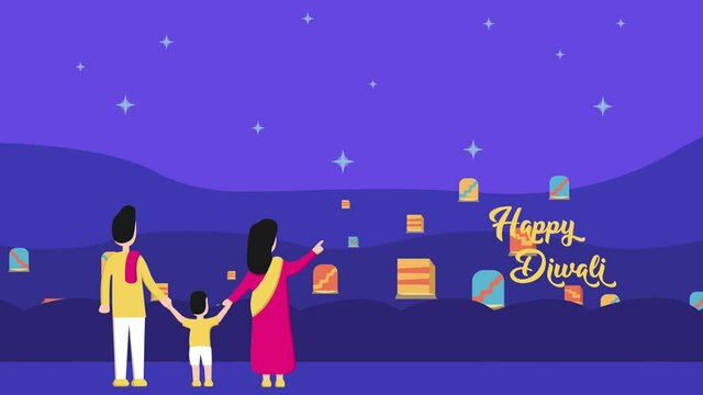 Happy Indian family animation looking at flying lantern while standing together with Happy Diwali text. Shot in 4k resolution