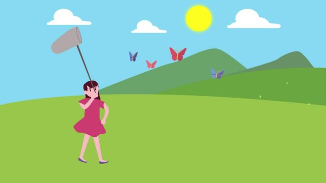 Little girl animation chasing butterfly in the meadow while holding a net. Shot in 4k resolution