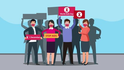 Crowd people animation wearing face mask while doing campaign for World Aids Day solidarity. Shot in 4k resolution