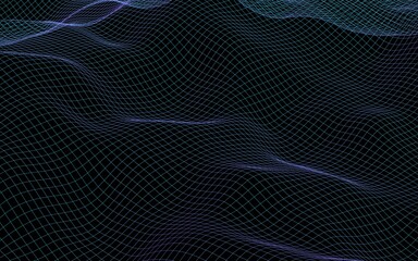 Abstract landscape on a dark background. Cyberspace navy blue grid. hi tech network. 3D illustration