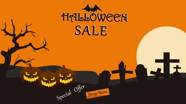Scary pumpkin animation with halloween sale text on the graveyard. Shot in 4k resolution