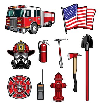Firefighting vector icons red protective helmet and gas mask, fire axe and shovel, extinguisher, hydrant and walkie talkie. Fire truck, american flag and badge of department. Firefighter labels set