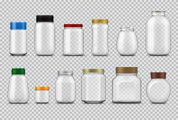 Glass jars with lids realistic mockup, vector food packages. Empty clear bottle containers and transparent pots with metal and plastic screw caps of food canning and storage design 3d template set