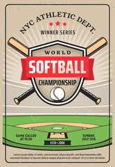 Softball championship grunge vector flyer, sport game tournament. Crossed baseball bats, ball and shield on softball field. Nyc athletic dept game winner series, college league invitation retro poster © Vector Tradition