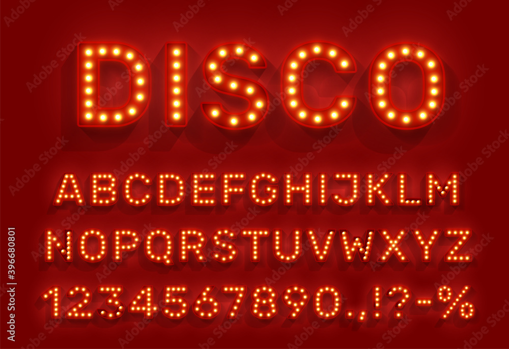 Poster disco type font with glowing light bulbs, vector alphabet letters, digits and punctuation marks on r