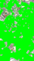 Flying dollars banknotes isolated on chromakey. Money is flying in the air. 100 US banknotes new sample. Vertical orientation. 3D illustration
