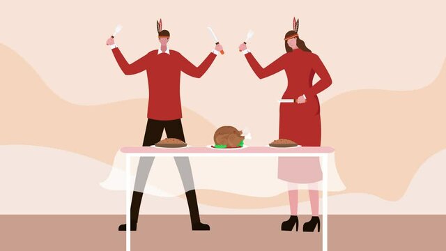 Young couple animation holding fork and knife while enjoying roasted turkey and pie on the table during thanksgiving celebration at home. Shot in 4k resolution