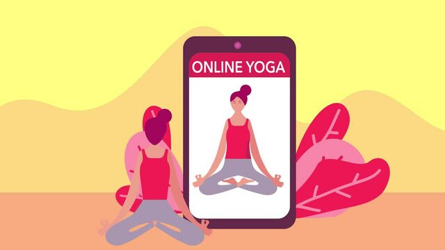 Young woman animation doing yoga exercise in online class by using a cellphone while doing quarantine at home. Shot in 4k resolution