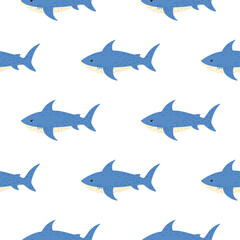 Isolated seamless pattern with underwater shark ornament. Blue fishes on white backround.