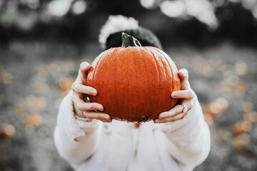 Woman holding Halloween pumpkin in a farm