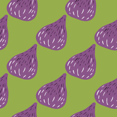 Tropical seamless doodle pattern with purple fig abstract shapes. Food print with green background.