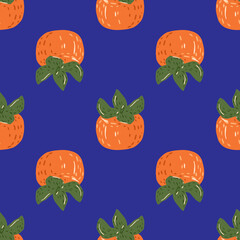 Bright seamless food pattern with fall harvest persimmon silhouettes. Orange fruits on blue background.