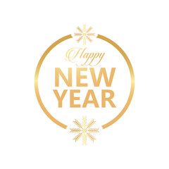 happy new year golden lettering with snowflakes in circular frame