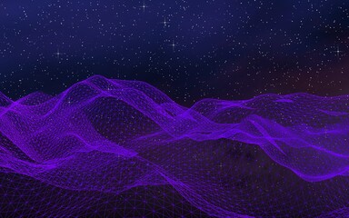 Abstract ultraviolet landscape on a dark background. Purple cyberspace grid. hi tech network. Outer space. Violet starry outer space texture. 3D illustration