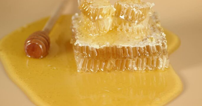 Fresh honeycombs with honey on the table rotate. 