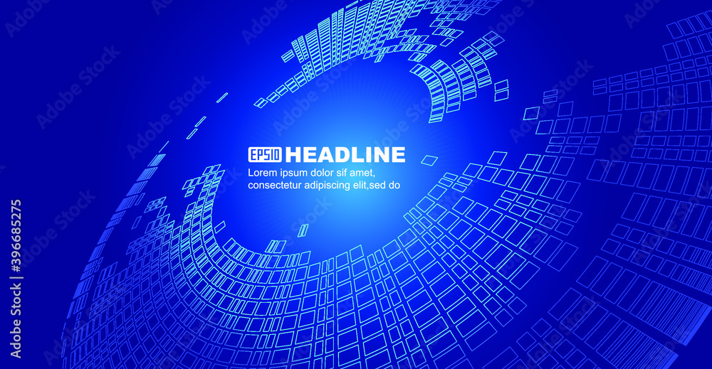 Poster the blue hollowed-out square forms a rotating technology vector background.