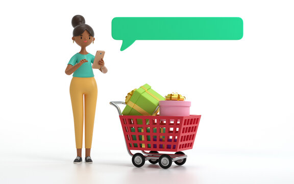 A woman sends sms with shopping cart.communication or  social media concept.  3d rendering,conceptual image.